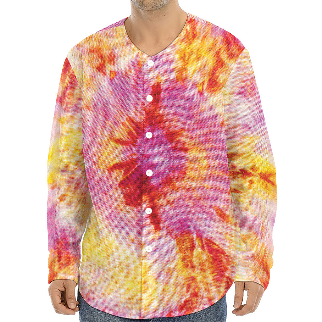 Pink And Yellow Tie Dye Print Long Sleeve Baseball Jersey