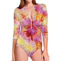Pink And Yellow Tie Dye Print Long Sleeve Swimsuit