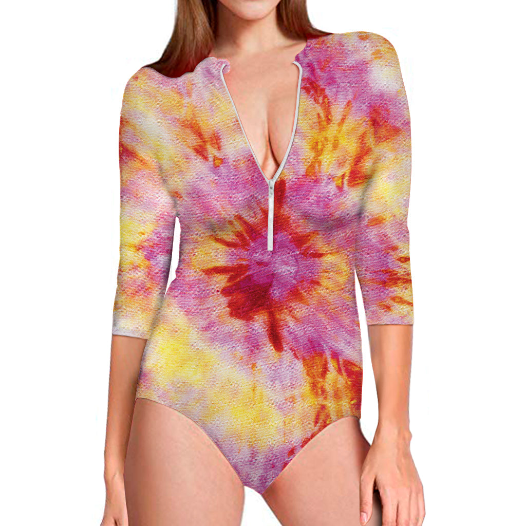 Pink And Yellow Tie Dye Print Long Sleeve Swimsuit