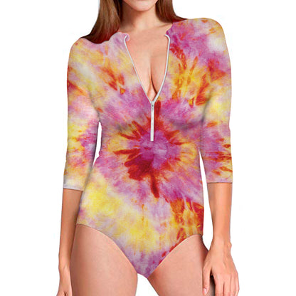 Pink And Yellow Tie Dye Print Long Sleeve Swimsuit