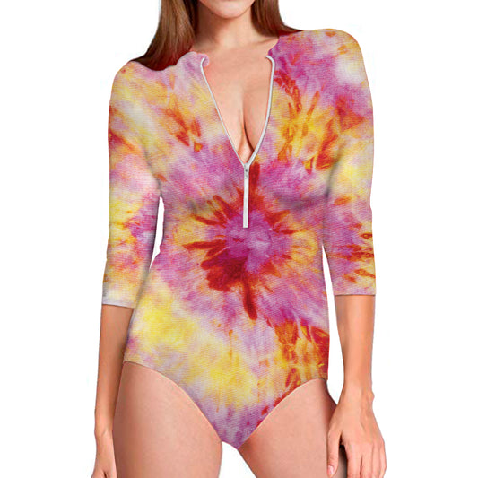 Pink And Yellow Tie Dye Print Long Sleeve Swimsuit