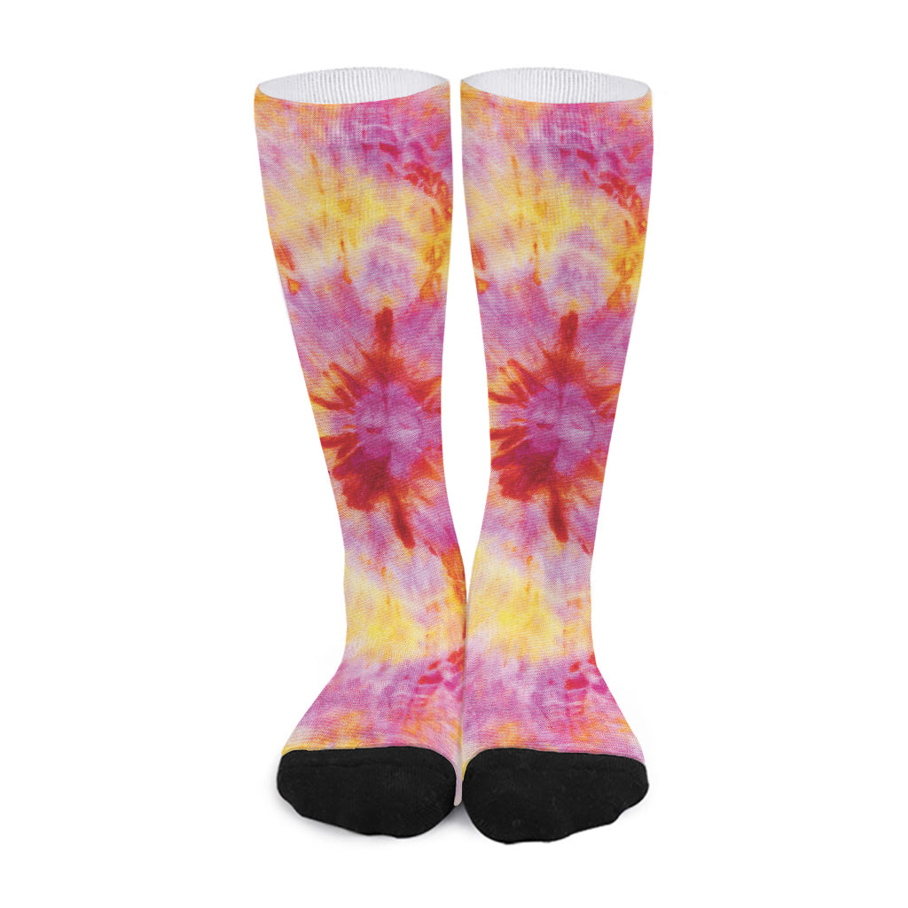 Pink And Yellow Tie Dye Print Long Socks