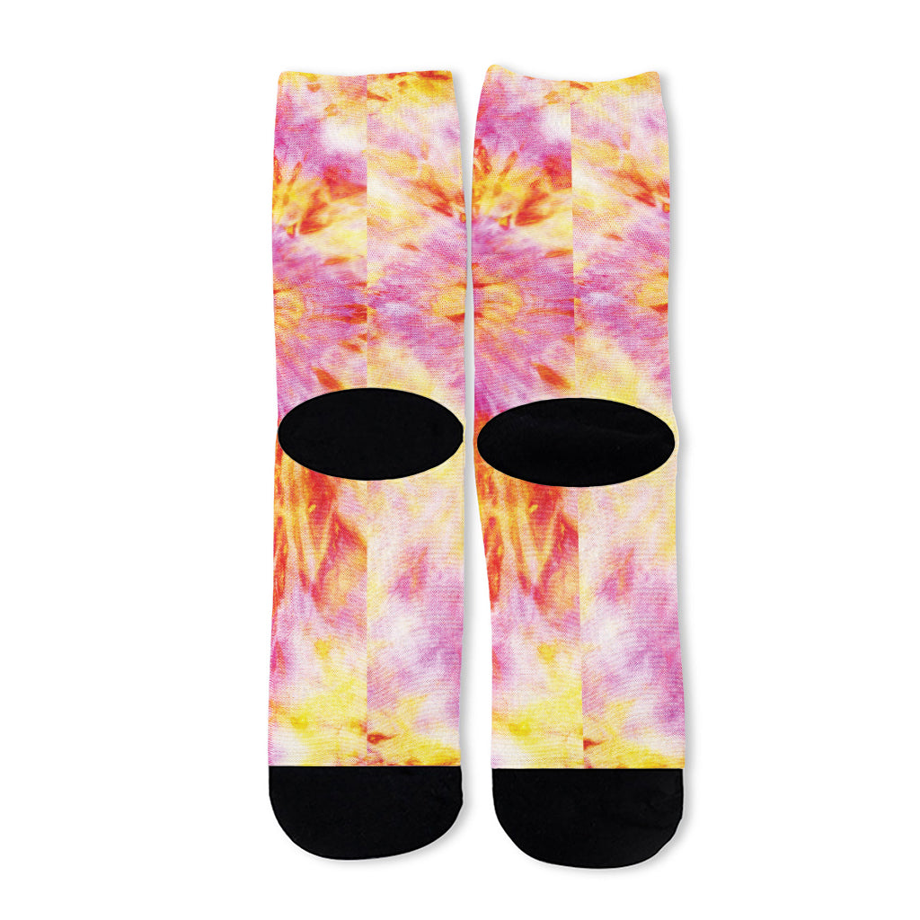 Pink And Yellow Tie Dye Print Long Socks