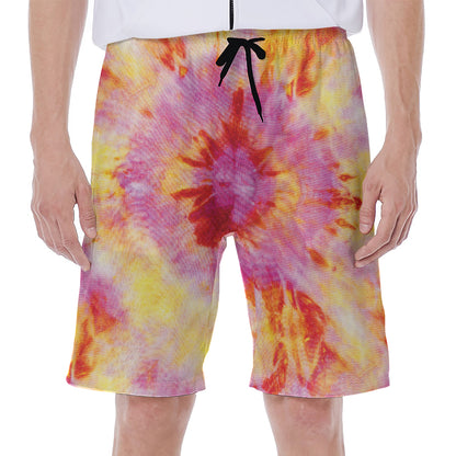 Pink And Yellow Tie Dye Print Men's Beach Shorts