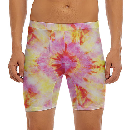 Pink And Yellow Tie Dye Print Men's Long Boxer Briefs