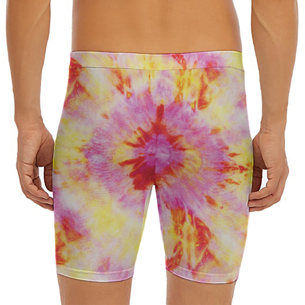 Pink And Yellow Tie Dye Print Men's Long Boxer Briefs