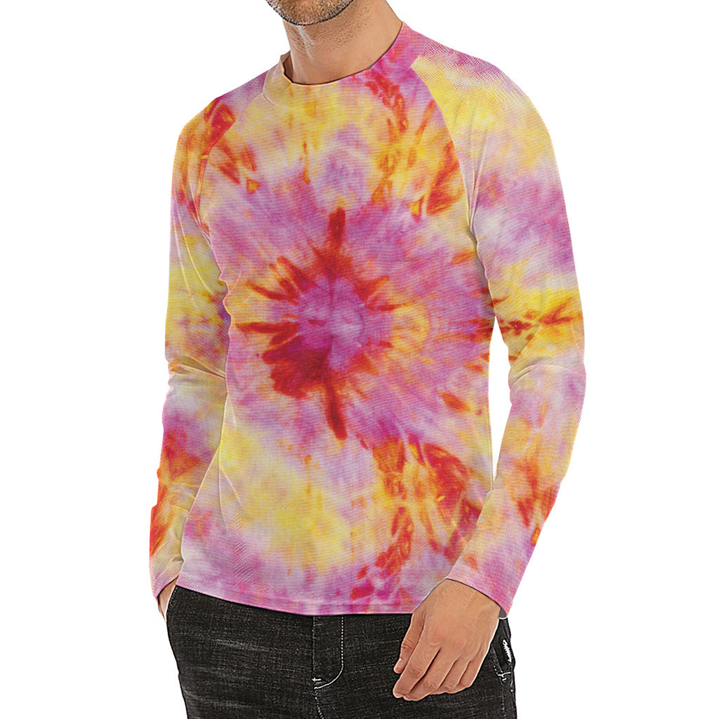 Pink And Yellow Tie Dye Print Men's Long Sleeve Rash Guard