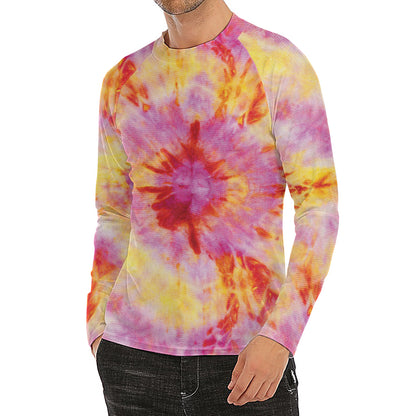 Pink And Yellow Tie Dye Print Men's Long Sleeve Rash Guard