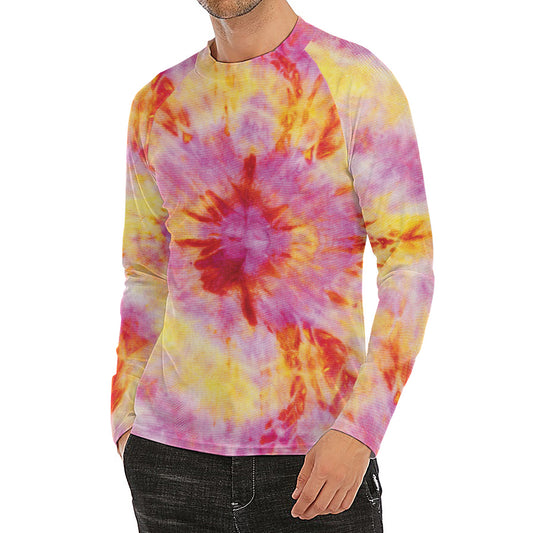 Pink And Yellow Tie Dye Print Men's Long Sleeve Rash Guard