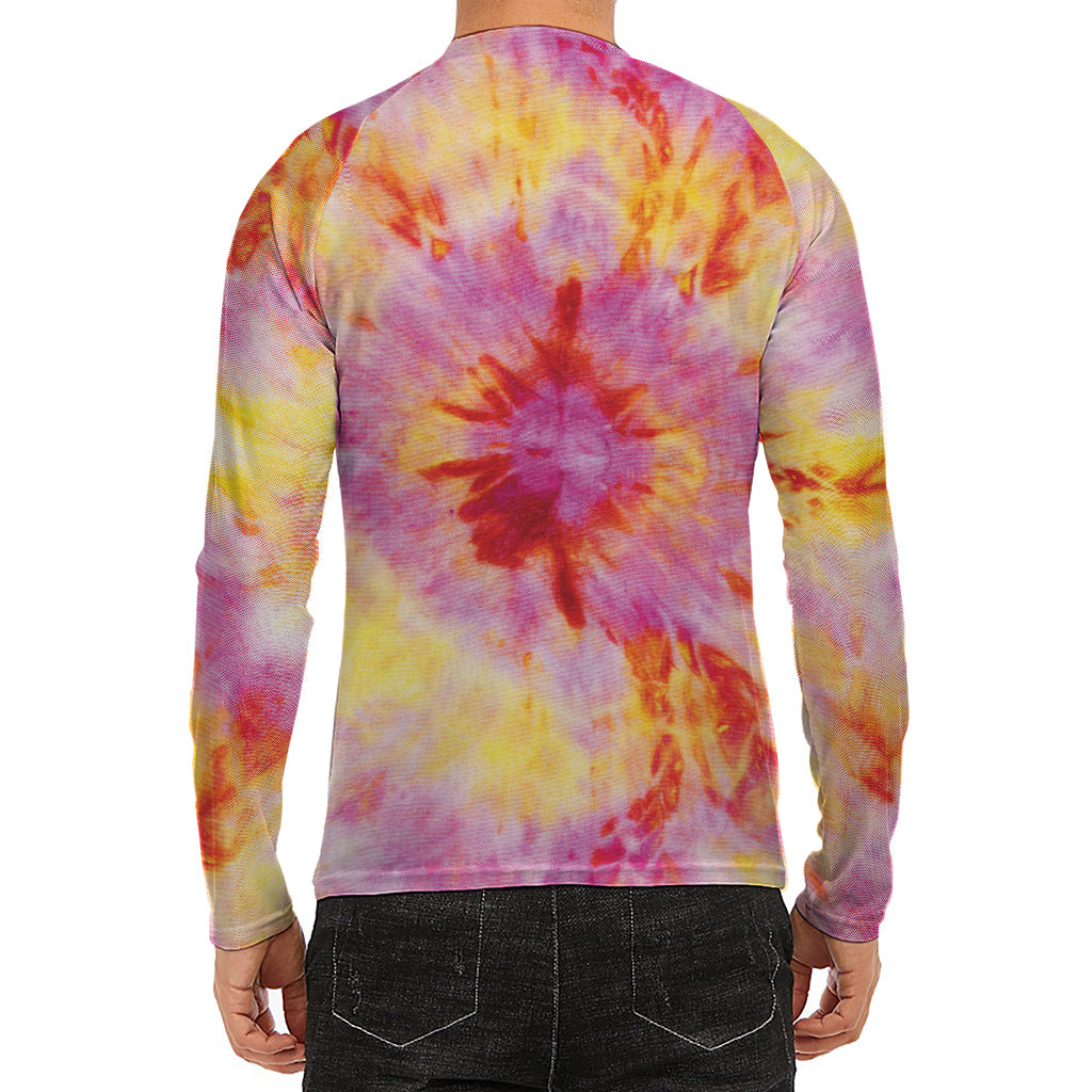 Pink And Yellow Tie Dye Print Men's Long Sleeve Rash Guard