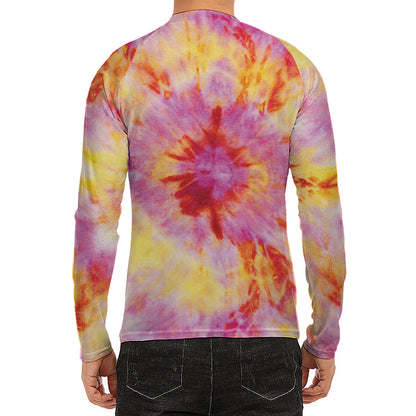 Pink And Yellow Tie Dye Print Men's Long Sleeve Rash Guard