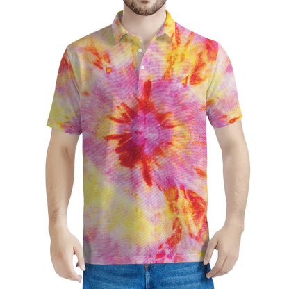 Pink And Yellow Tie Dye Print Men's Polo Shirt