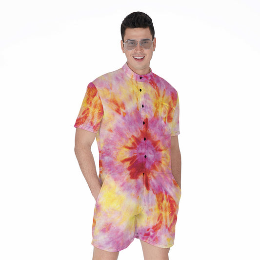 Pink And Yellow Tie Dye Print Men's Rompers