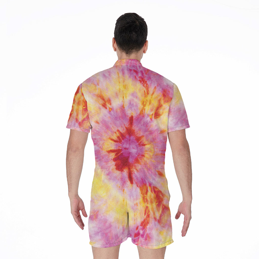 Pink And Yellow Tie Dye Print Men's Rompers