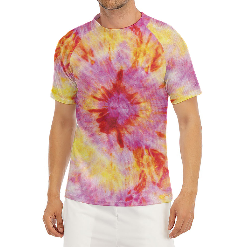 Pink And Yellow Tie Dye Print Men's Short Sleeve Rash Guard