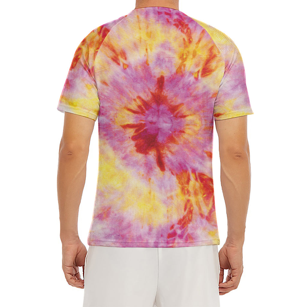Pink And Yellow Tie Dye Print Men's Short Sleeve Rash Guard