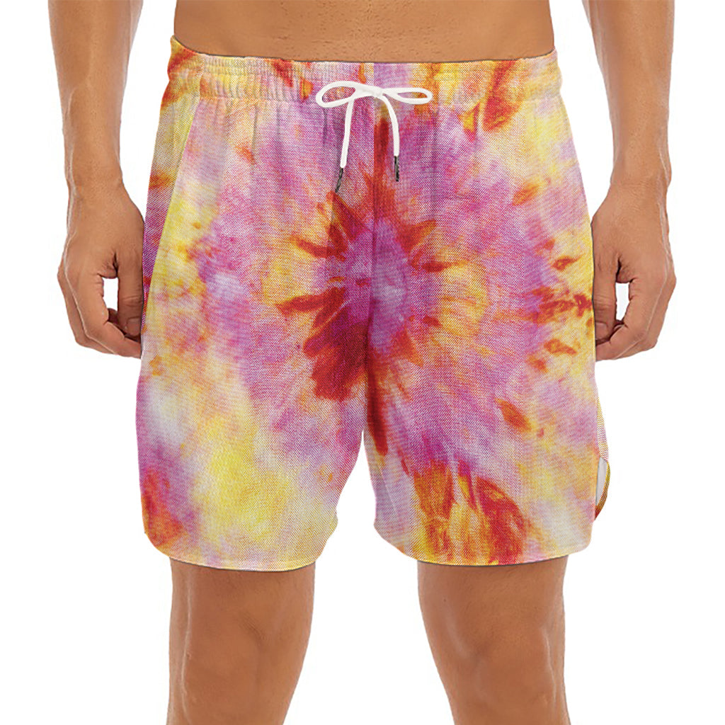 Pink And Yellow Tie Dye Print Men's Split Running Shorts