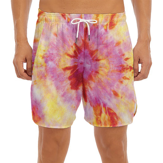 Pink And Yellow Tie Dye Print Men's Split Running Shorts