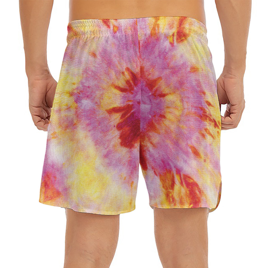 Pink And Yellow Tie Dye Print Men's Split Running Shorts