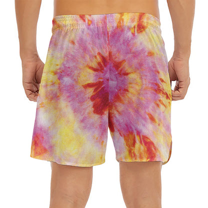 Pink And Yellow Tie Dye Print Men's Split Running Shorts