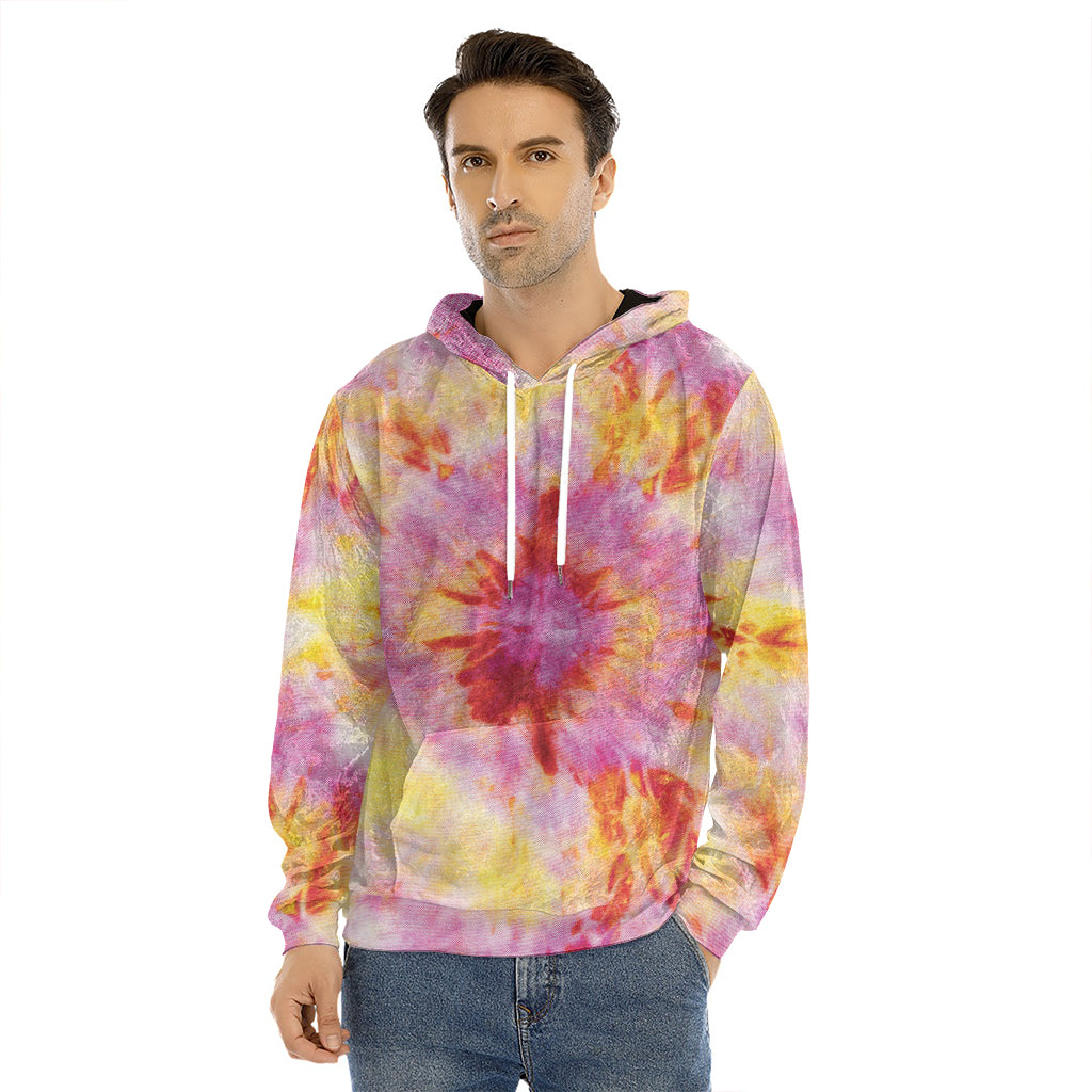 Pink And Yellow Tie Dye Print Men's Velvet Pullover Hoodie