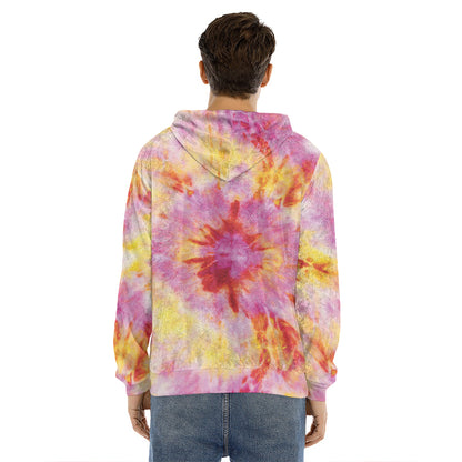 Pink And Yellow Tie Dye Print Men's Velvet Pullover Hoodie