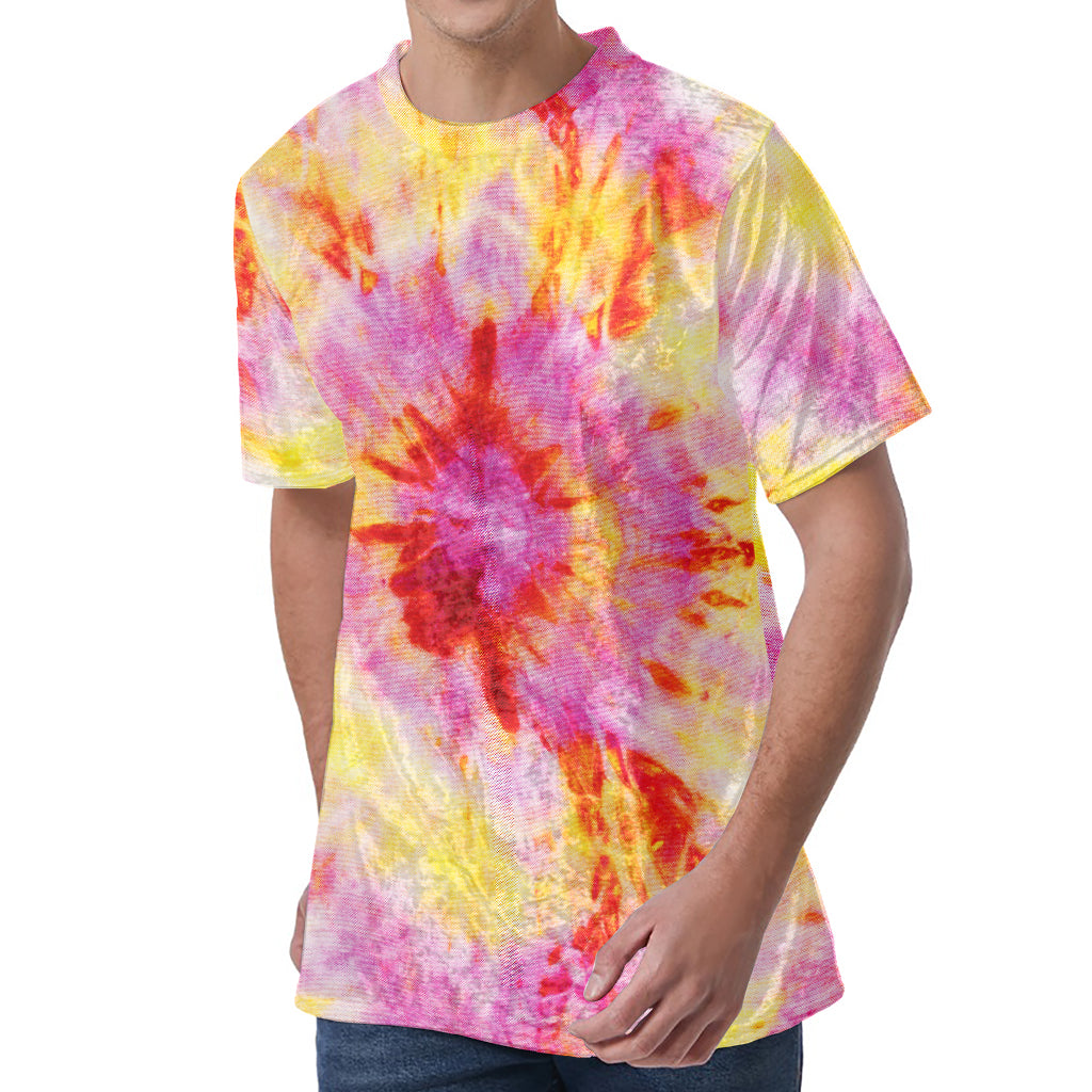 Pink And Yellow Tie Dye Print Men's Velvet T-Shirt
