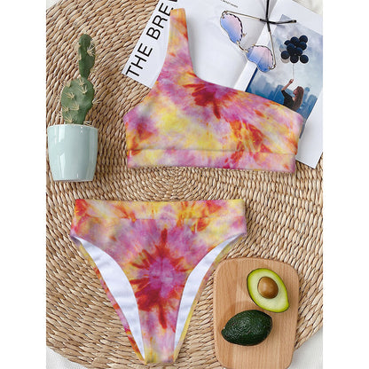 Pink And Yellow Tie Dye Print One Shoulder Bikini Top