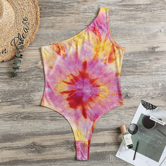 Pink And Yellow Tie Dye Print One Shoulder Bodysuit