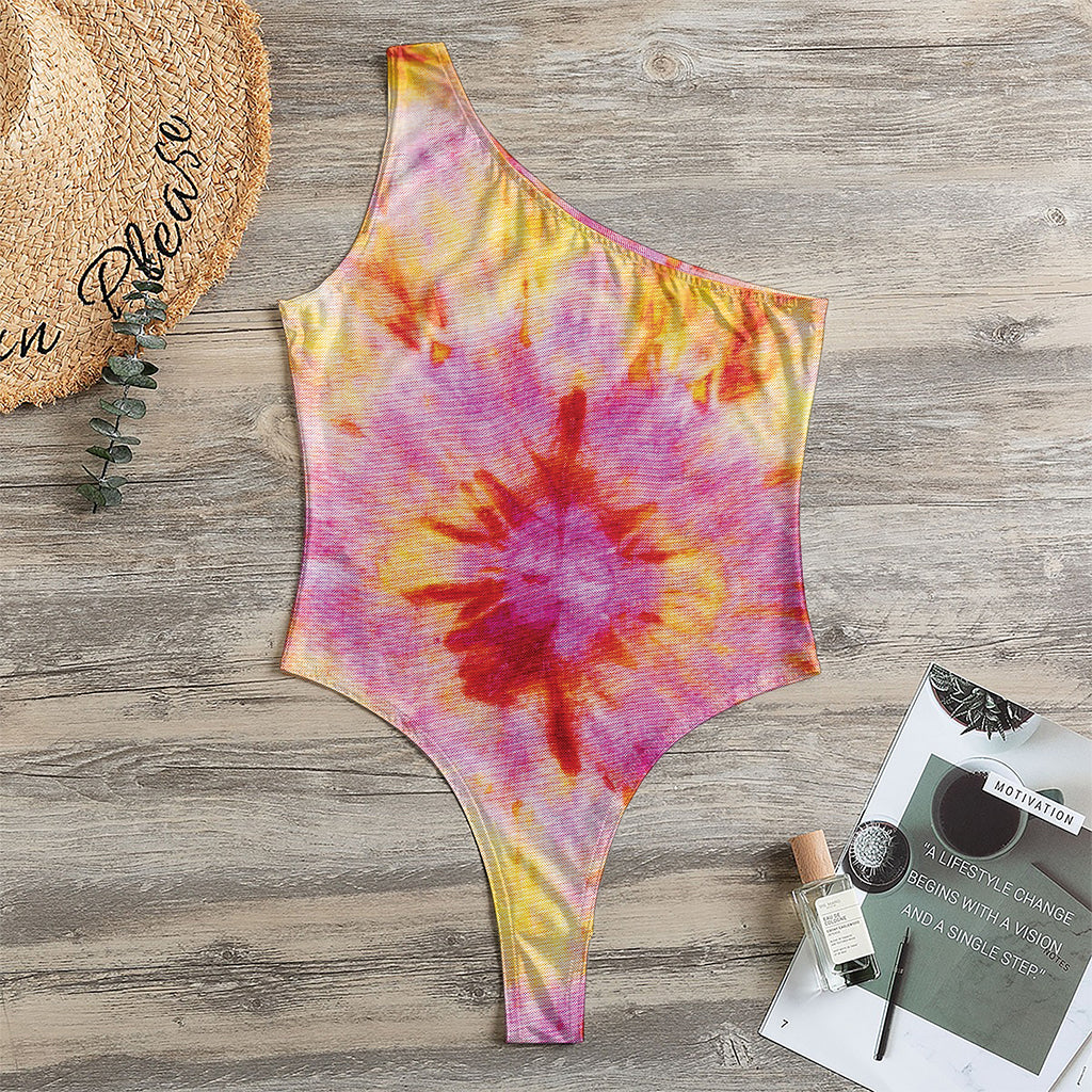 Pink And Yellow Tie Dye Print One Shoulder Bodysuit