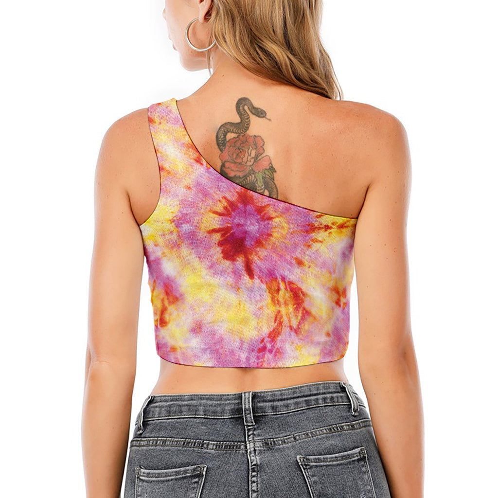 Pink And Yellow Tie Dye Print One Shoulder Crop Top