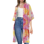 Pink And Yellow Tie Dye Print Open Front Beach Cover Up