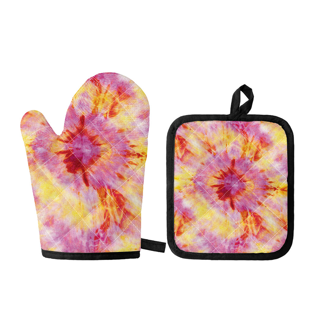 Pink And Yellow Tie Dye Print Oven Mitt And Pot Holder Set