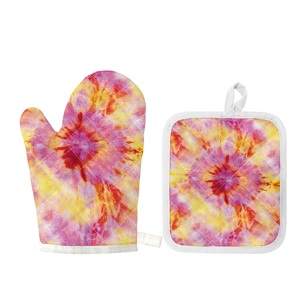 Pink And Yellow Tie Dye Print Oven Mitt And Pot Holder Set