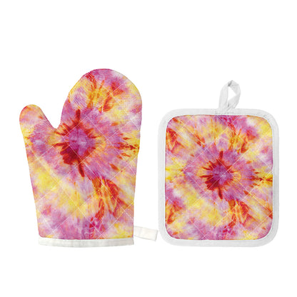 Pink And Yellow Tie Dye Print Oven Mitt And Pot Holder Set