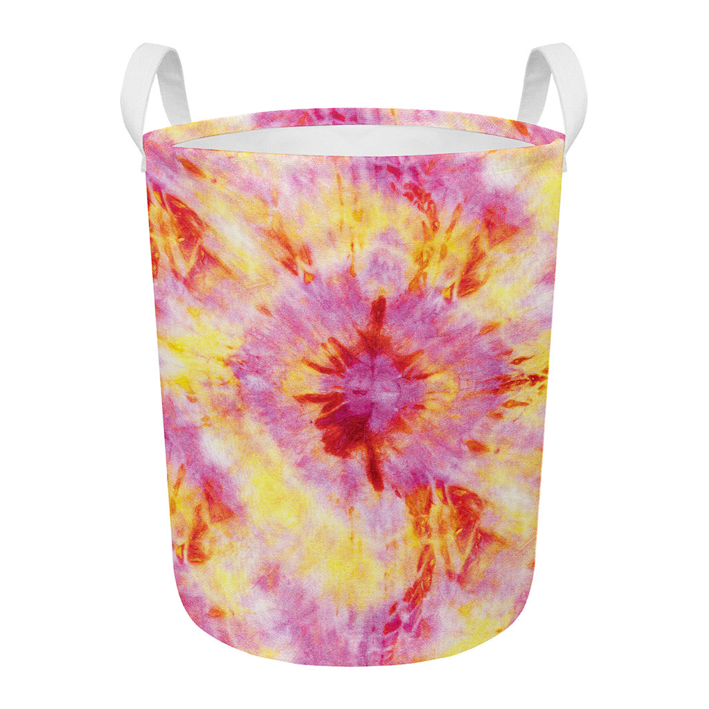 Pink And Yellow Tie Dye Print Round Laundry Basket