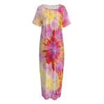 Pink And Yellow Tie Dye Print Short Sleeve Long Nightdress