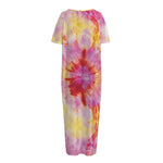 Pink And Yellow Tie Dye Print Short Sleeve Long Nightdress