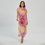 Pink And Yellow Tie Dye Print Short Sleeve Maxi Dress