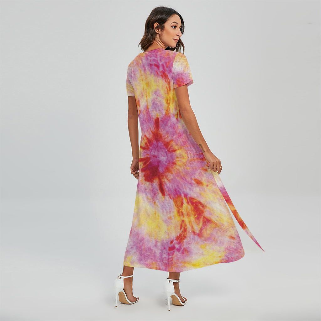 Pink And Yellow Tie Dye Print Short Sleeve Maxi Dress