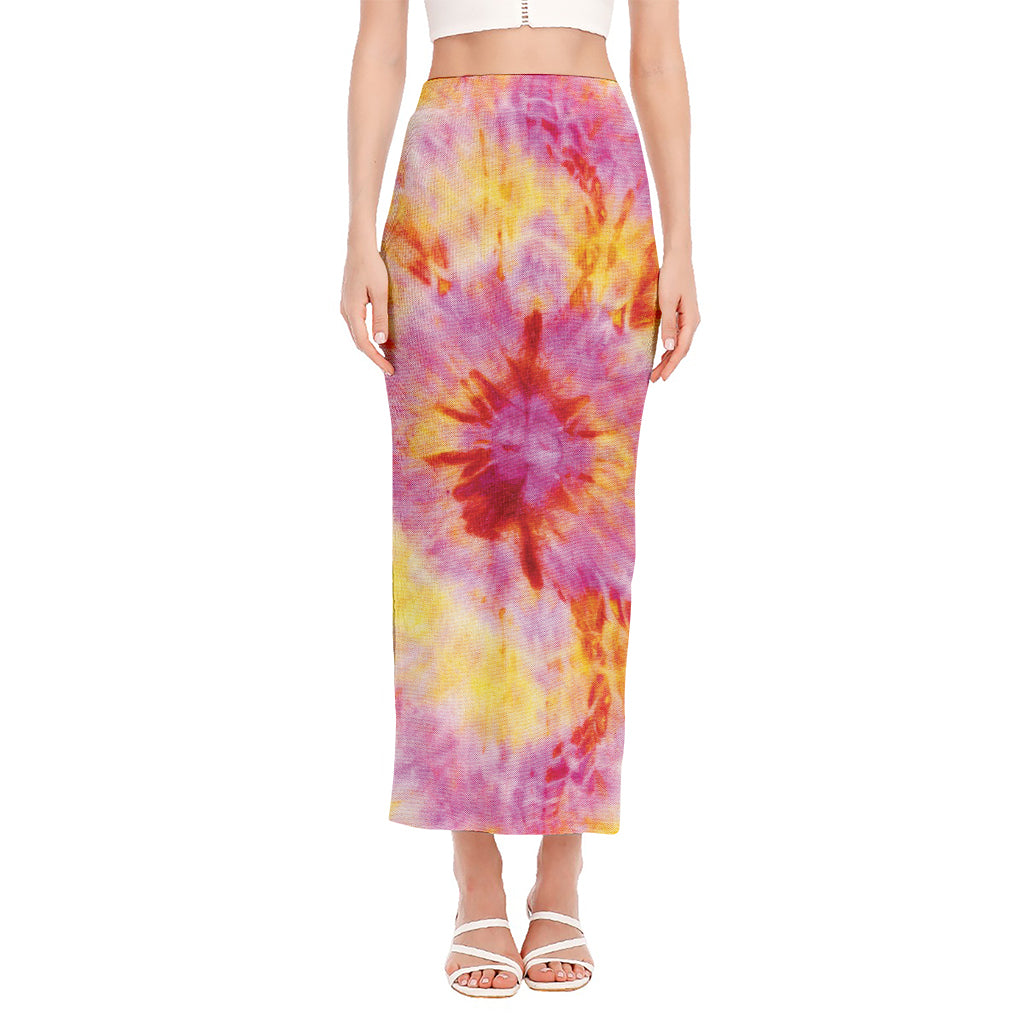 Pink And Yellow Tie Dye Print Side Slit Maxi Skirt