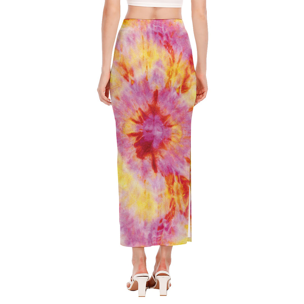 Pink And Yellow Tie Dye Print Side Slit Maxi Skirt