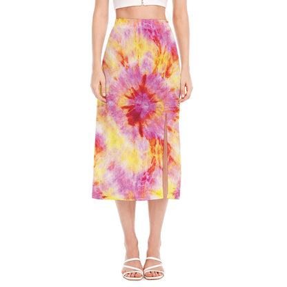 Pink And Yellow Tie Dye Print Side Slit Midi Skirt