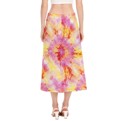 Pink And Yellow Tie Dye Print Side Slit Midi Skirt