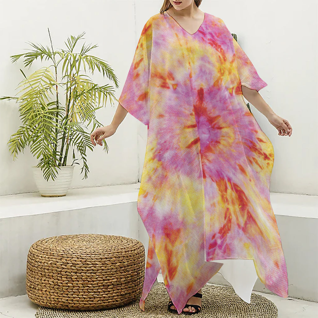 Pink And Yellow Tie Dye Print Silk V-Neck Kaftan Dress