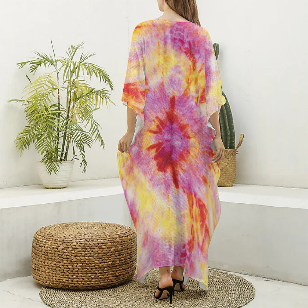Pink And Yellow Tie Dye Print Silk V-Neck Kaftan Dress