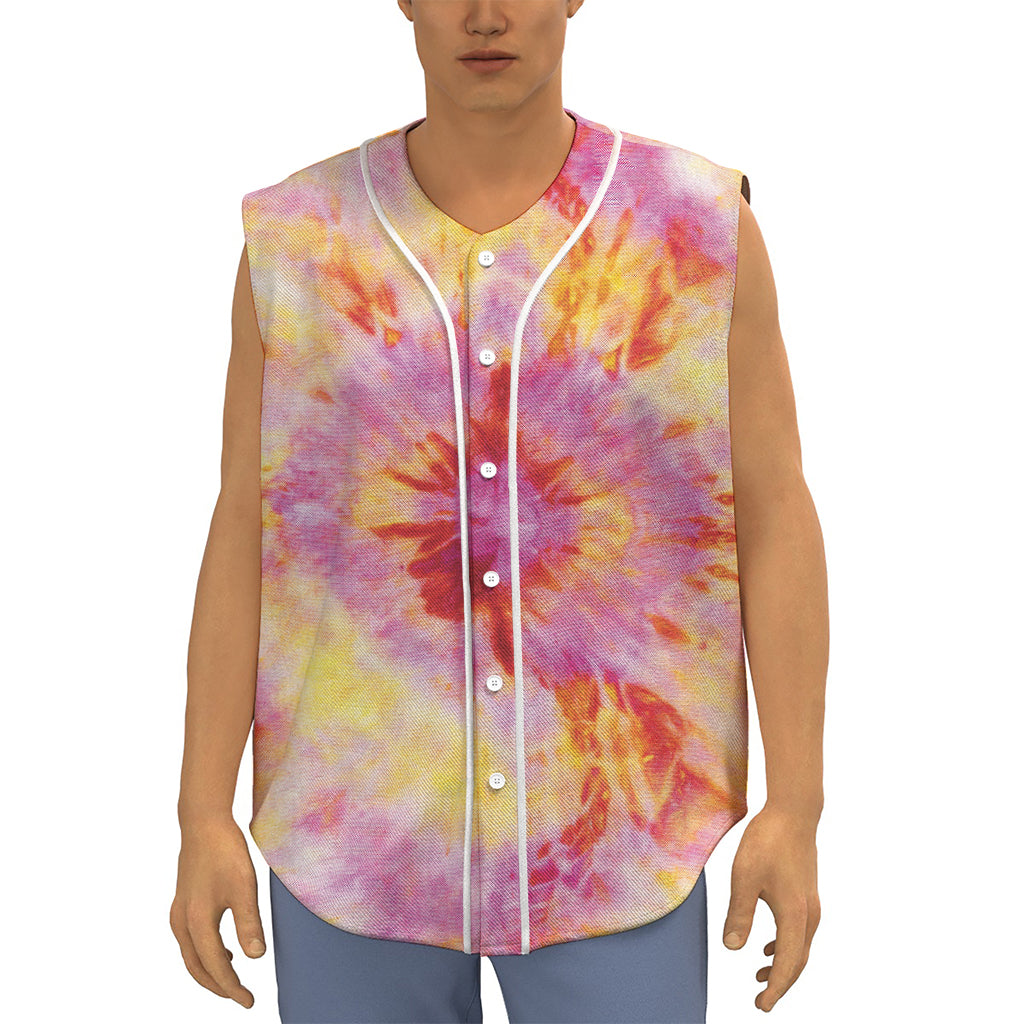 Pink And Yellow Tie Dye Print Sleeveless Baseball Jersey