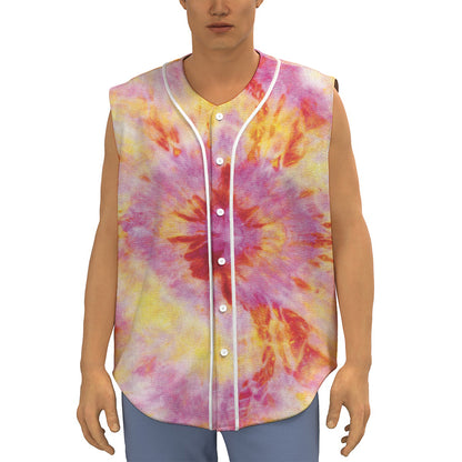 Pink And Yellow Tie Dye Print Sleeveless Baseball Jersey