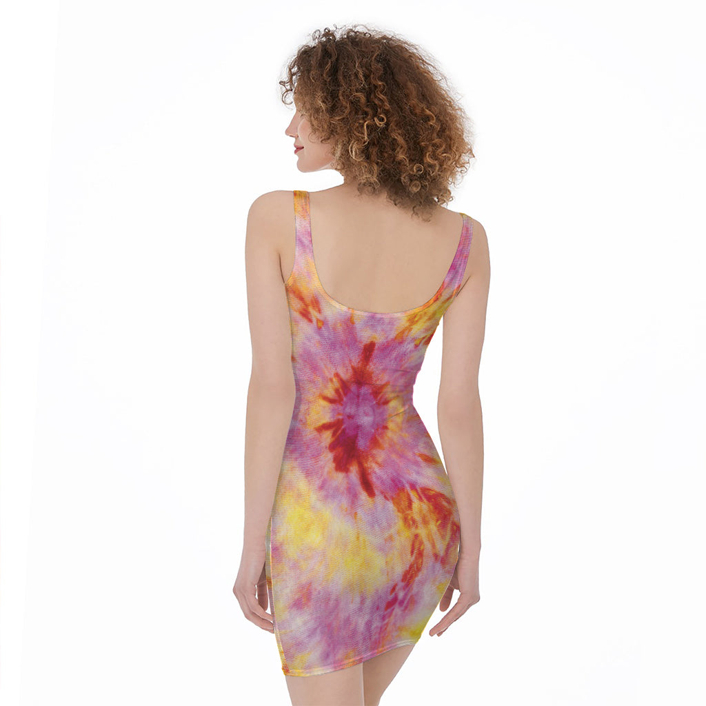 Pink And Yellow Tie Dye Print Sleeveless Bodycon Dress