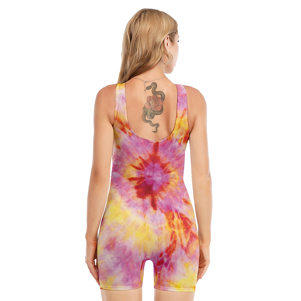 Pink And Yellow Tie Dye Print Sleeveless One Piece Swimsuit